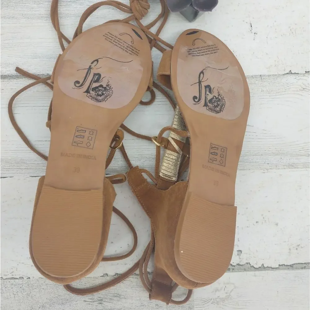 Free People NEW Brown Leather/Suede Ankle Wrap Straps Sandals Gold Size 7.5